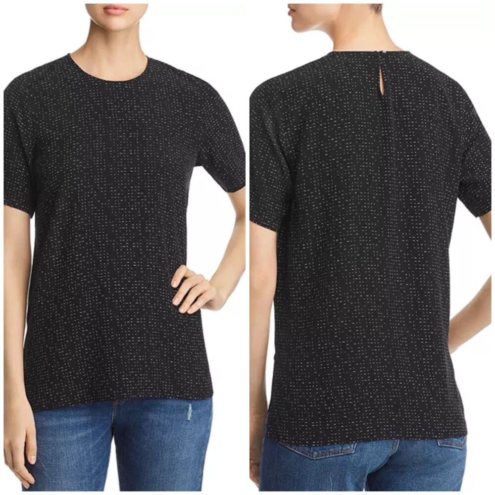 Eileen Fisher Morse Code Print Keyhole Top Tencel Blend Short Sleeve Size 18